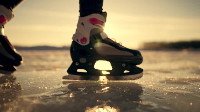 Skating on frozen lake at sunset, closeup of skate boot and blade gliding across icy surface with ice reflection and skater silhouette in warm winter light, shadow and subtle ripple detail visible