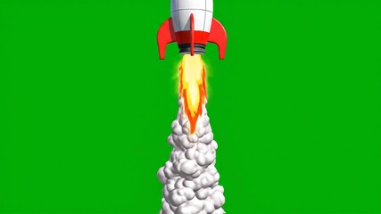 A vibrant 3D animated rocket takes off with powerful fiery exhaust and billowing smoke ascending rapidly against a clean green screen background symbolizing new beginnings technological advancement a.