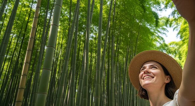 京都の竹林で自撮りする外国人女性とコピースペース 嵐山の観光とインバウンド
