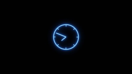 clock icon neon bright 24 hour day fast speed royal blue color 4k illustration.Black background new analog and digital clock icon 4k illustration.	