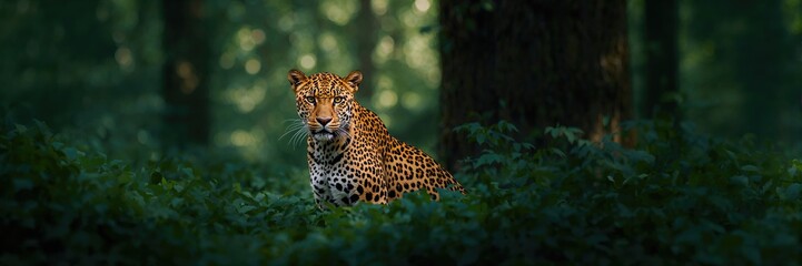 Leopard hidden among dense forest foliage, wildlife camouflage and natural habitat, Earth Day
