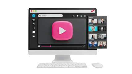 Computer Monitor Displaying a Video Player Interface with Multiple Participants in a Virtual Meeting on a Transparent Background