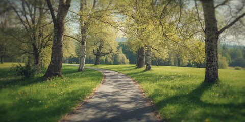 Naklejka premium A scenic spring landscape featuring a bicycle path, serving as a route for outdoor exercise and movement