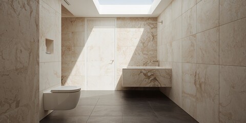 Modern apartment bathroom featuring stone cladding, focusing on material durability and aesthetic appeal