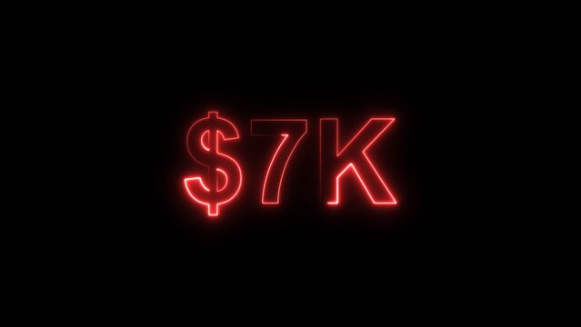 Neon line bright 7k followers isolated red color 4k illustration on black background. Vibrant neon shiny 7k text red color 4k illustration digits for high-resolution.