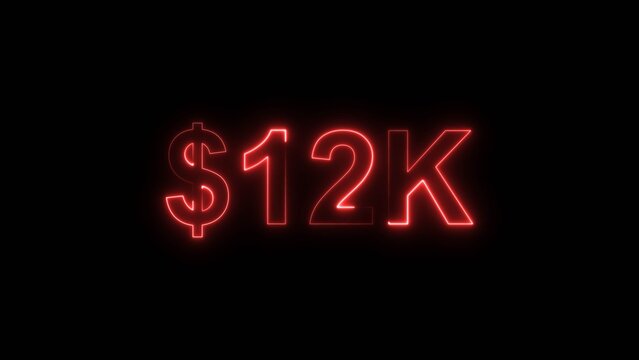 Neon line bright 12k followers isolated red color 4k illustration on black background. Vibrant neon shiny 12k text red color 4k illustration digits for high-resolution.