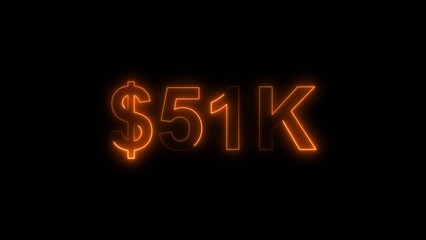 Neon line bright 51k followers isolated orange color 4k illustration on black background. Vibrant neon shiny 51k text orange  color 4k illustration digits for high-resolution. 