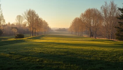 A cold golf course early in the morning featuring golden birch trees and long shadow patterns, seasonal change