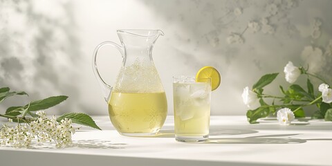 Fototapeta premium Elderflower drink in a glass and carafe with lemon garnish, suitable for health awareness campaigns