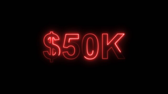 Neon line bright 50k followers isolated red color 4k illustration on black background. Vibrant neon shiny 50k text red color 4k illustration digits for high-resolution.