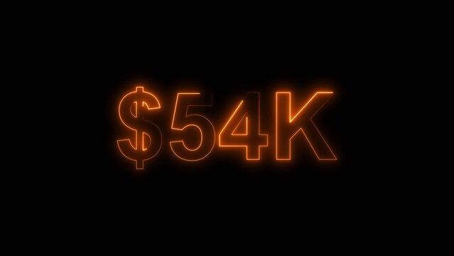 Neon line bright 54k followers isolated orange color 4k illustration on black background. Vibrant neon shiny 54k text orange  color 4k illustration digits for high-resolution. 