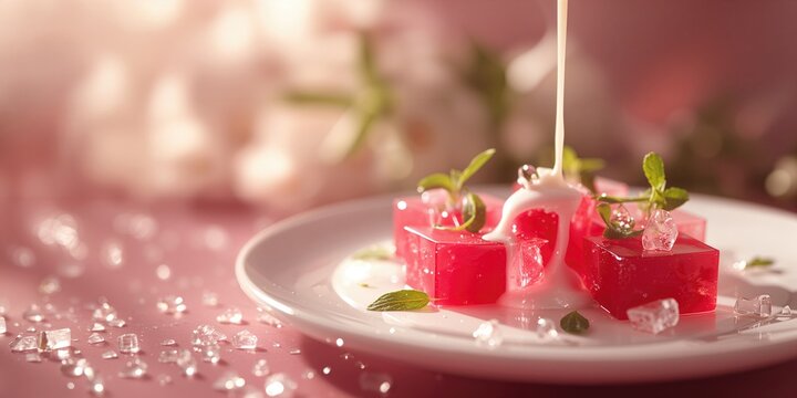Bokeh-style Thai sweet featuring ruby jelly, coconut milk, and ice, intended for editorial header backgrounds