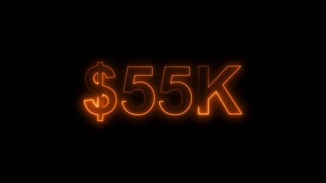 Neon line bright 55k followers isolated orange color 4k illustration on black background. Vibrant neon shiny 55k text orange  color 4k illustration digits for high-resolution. 