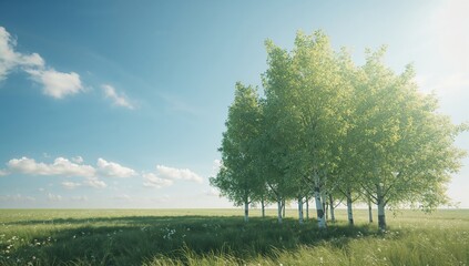 Bright summer morning featuring a birch forest as a natural background for landscape photography