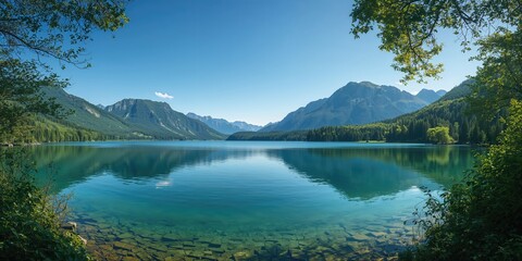 Obraz premium Serene lake scene with lush greenery around the water, ideal for nature photography or relaxation, Earth Day