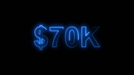 Neon line bright 70k followers isolated royal blue color 4k illustration on black background. Vibrant neon shiny 70k text royal blue color 4k illustration digits for high-resolution. 