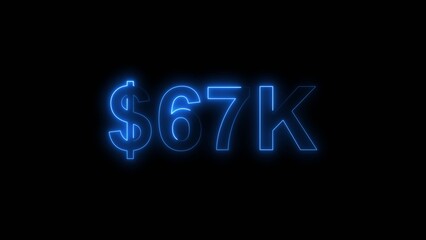 Neon line bright 67k followers isolated royal blue color 4k illustration on black background. Vibrant neon shiny 67k text royal blue color 4k illustration digits for high-resolution. 