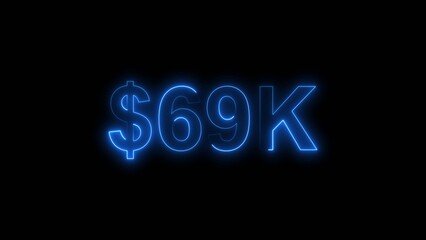 Neon line bright 69k followers isolated royal blue color 4k illustration on black background. Vibrant neon shiny 69k text royal blue color 4k illustration digits for high-resolution. 