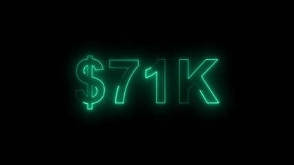 Neon line bright 71k followers isolated turquoise color 4k illustration on black background. Vibrant neon shiny 71k text turquoise color 4k illustration digits for high-resolution. 