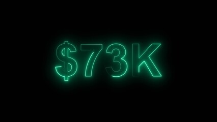 Neon line bright 73k followers isolated turquoise color 4k illustration on black background. Vibrant neon shiny 73k text turquoise color 4k illustration digits for high-resolution. 