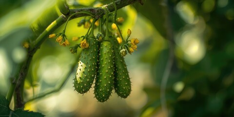 Obraz premium Green cucumbers with flowers hanging on a branch, seasonal harvest and plant growth