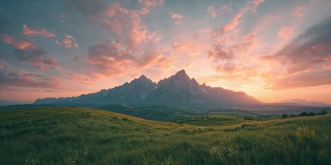 Majestic highland scenery featuring towering peaks and vibrant sky, ideal for nature-themed backgrounds