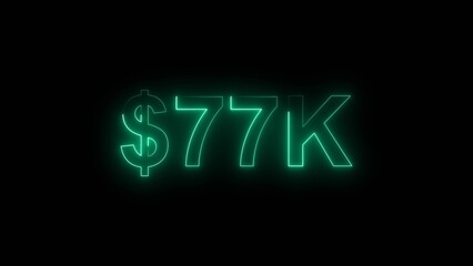 Neon line bright 77k followers isolated turquoise color 4k illustration on black background. Vibrant neon shiny 77k text turquoise color 4k illustration digits for high-resolution. 