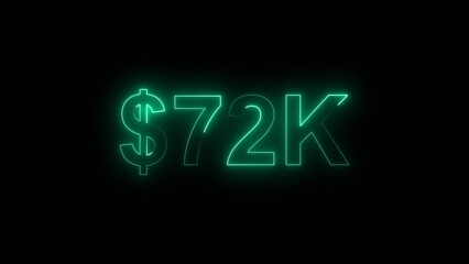 Neon line bright 72k followers isolated turquoise color 4k illustration on black background. Vibrant neon shiny 72k text turquoise color 4k illustration digits for high-resolution. 