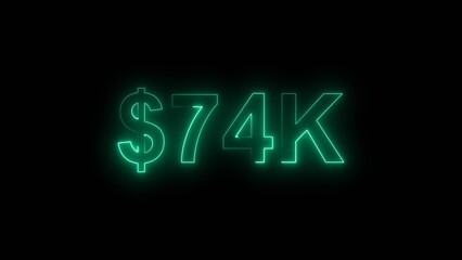 Neon line bright 74k followers isolated turquoise color 4k illustration on black background. Vibrant neon shiny 74k text turquoise color 4k illustration digits for high-resolution. 