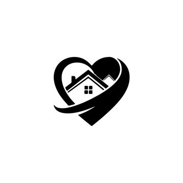 Simple black and white logo design of a house nestled within a heart symbol isolated on transparent background