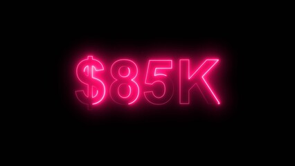 Neon line bright 85k followers isolated magenta red color 4k illustration on black background. Vibrant neon shiny 85k text  magenta red color 4k illustration digits for high-resolution. 