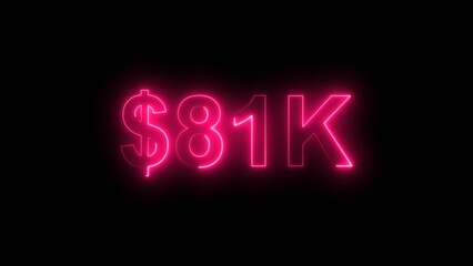 Neon line bright 81k followers isolated magenta red color 4k illustration on black background. Vibrant neon shiny 81k text  magenta red color 4k illustration digits for high-resolution. 