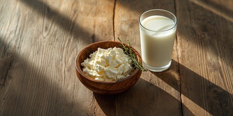 A wooden bowl containing cottage cheese alongside a glass of milk, highlighting fresh dairy ingredients, World Dairy Day