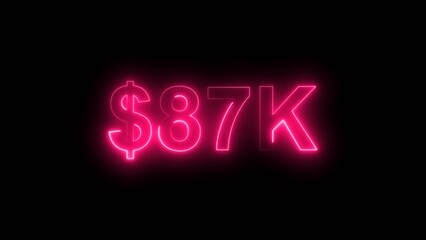 Neon line bright 87k followers isolated magenta red color 4k illustration on black background. Vibrant neon shiny 87k text  magenta red color 4k illustration digits for high-resolution. 
