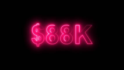 Neon line bright 88k followers isolated magenta red color 4k illustration on black background. Vibrant neon shiny 88k text  magenta red color 4k illustration digits for high-resolution. 