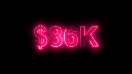 Neon line bright 86k followers isolated magenta red color 4k illustration on black background. Vibrant neon shiny 86k text  magenta red color 4k illustration digits for high-resolution. 