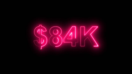 Neon line bright 84k followers isolated magenta red color 4k illustration on black background. Vibrant neon shiny 84k text  magenta red color 4k illustration digits for high-resolution. 