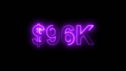 Neon line bright 96k followers isolated magenta red color 4k illustration on black background. Vibrant neon shiny 96k text  magenta red color 4k illustration digits for high-resolution. 