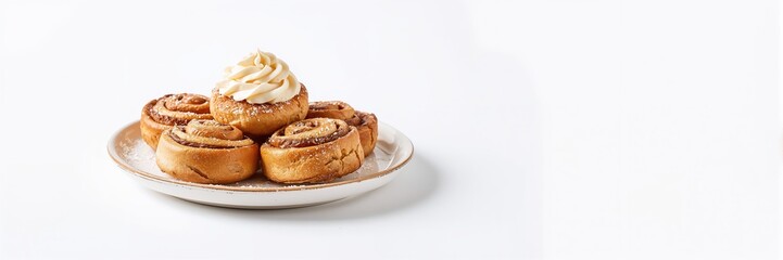 Fototapeta premium Breakfast cinnamon buns with a glossy finish on a plain white surface, highlighting their sweet aroma