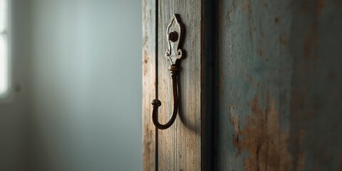 Detailed shot of an antique metal hook mounted on an interior door, highlighting hardware durability and functional design