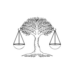 A detailed illustration of a tree incorporating the scales of justice in a black and white design isolated on transparent background