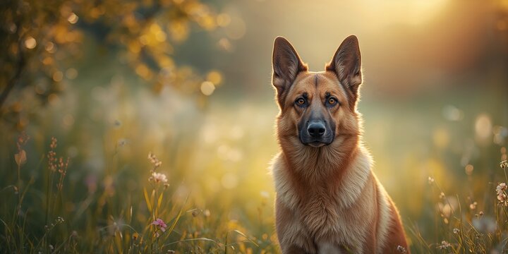 Female German Shepherd with expressive brown eyes and sable fur, resting outdoors, focused on alertness