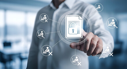 Businessman interacting with digital security icons, privacy protection, access control, and network security concepts in a modern office environment with blurred background