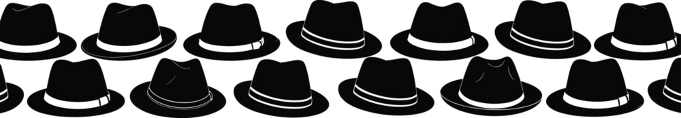 Black Fedora Hat Silhouette Seamless Border, Continuous Horizontal Repeat Pattern of Gentleman's Headwear, Flat Vector Illustration Drawing for Fashion or Textile Design