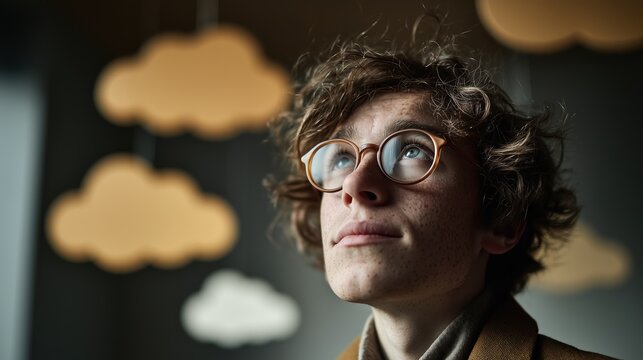 Jeune homme aux cheveux boucl&eacute;s et lunettes regardant vers le haut