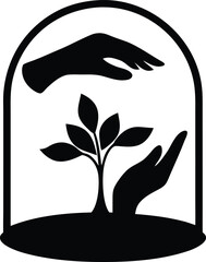Caring Hands Protecting a Young Green Plant Under a Clear Glass Dome
