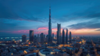 Naklejka premium Out-of-focus city skyline under a clear blue sky, urban environment used for editorial header background, World Urbanism Day