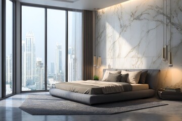Modern bedroom with city view and marble wall.