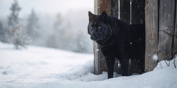 Snow-covered cage housing a black wolf, animal restraint