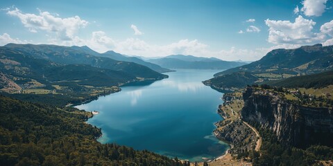 Obraz premium Bird's-eye perspective of a tranquil valley nestled in mountains with a prominent lake in northern Spain, highlighting untouched nature
